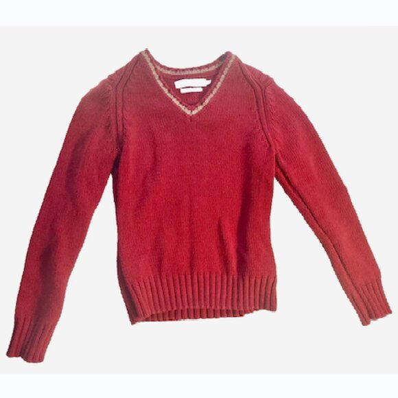 Vintage Tommy Hilfiger Jeans Women’s Red V-Neck Pullover Sweater Tan Trim Size M - Picture 1 of 7